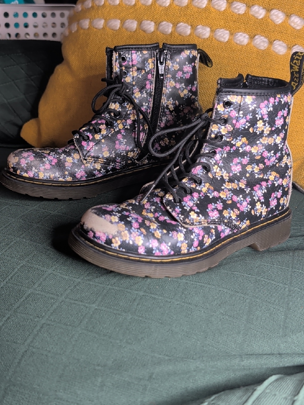 Dr. Martens Delaney Black Floral Leather Lace-Up Ankle Combat Boots With Zipper.